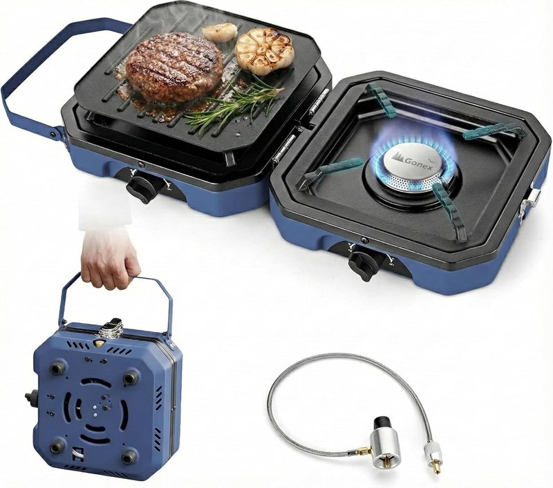 Gonex Camping Stove with 2 Burner Griddle & Grates, Portable Foldable Cooking Stove with Total 16,000 BTU, Two Piezo Ignition Adjustable Burners for Camping (Blue) - Image 1